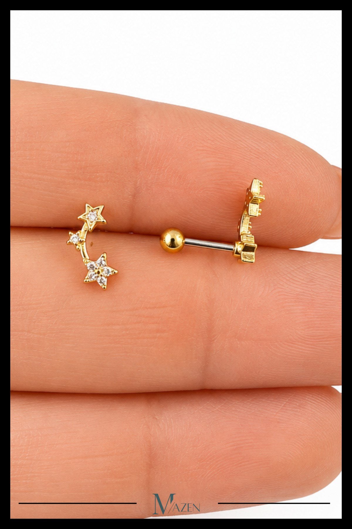 Yıldız Kavis Tragus Piercing Çelik Gold Renk Işıltılı Kavis Tasarımı
