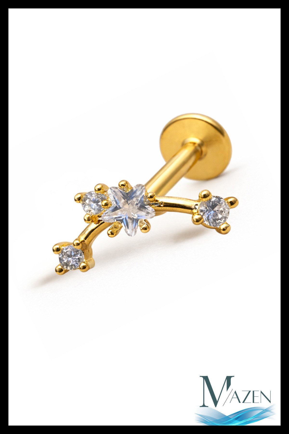 Yıldız Taşlı Arkası Düz Piercing | 316L Çelik | Gold Renk | Tragus Helix Kulak Piercing