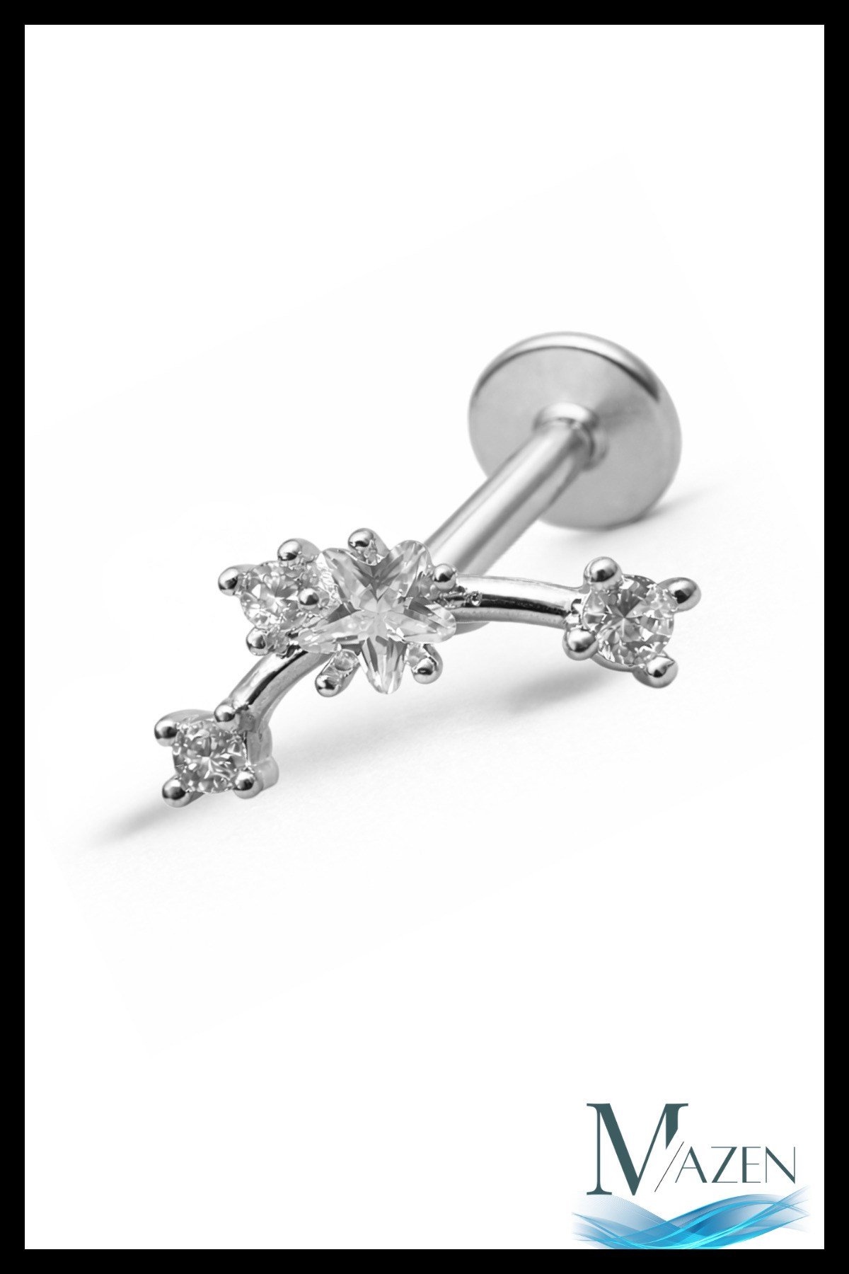 Yıldız Taşlı Arkası Düz Piercing | 316L Çelik | Gümüş Renk | Tragus Helix Kulak Piercing