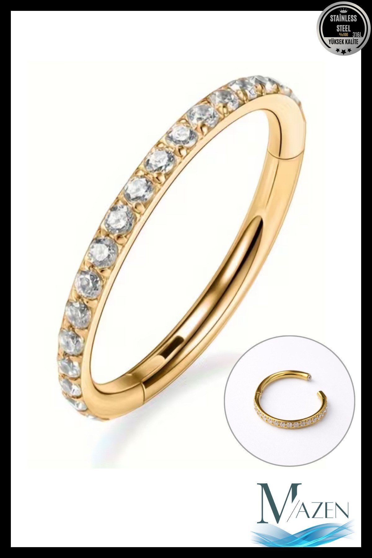 Zirkon Taşlı 1 mm İnce Bar | Tam Tur Halka Klipsli Piercing | Cerrahi Çelik | ( Beden Seçiniz)