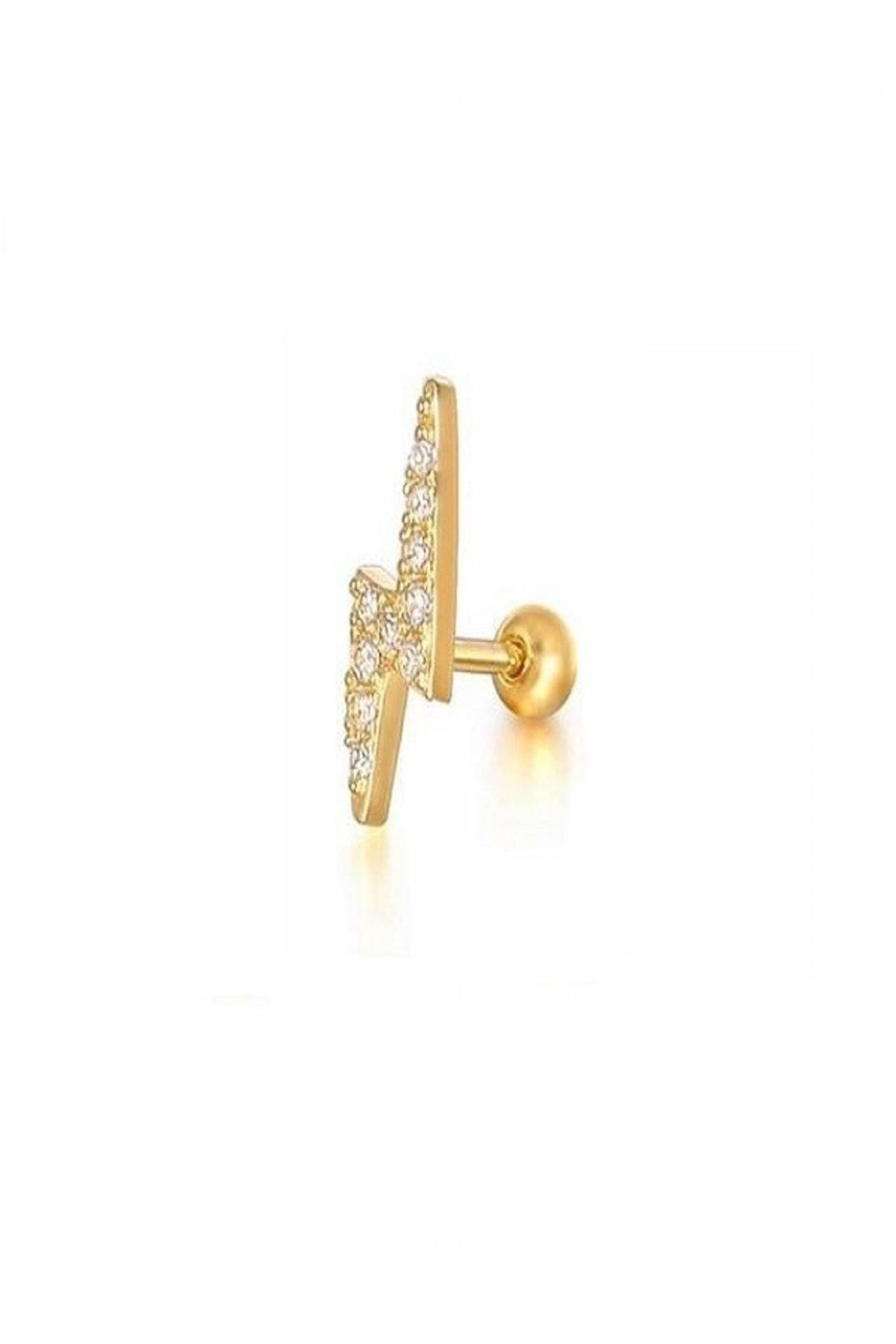 Zirkon Taşlı Gold Şimşek Figürlü Tragus Helix Piercing Kıkırdak Küpesi 1 Adet