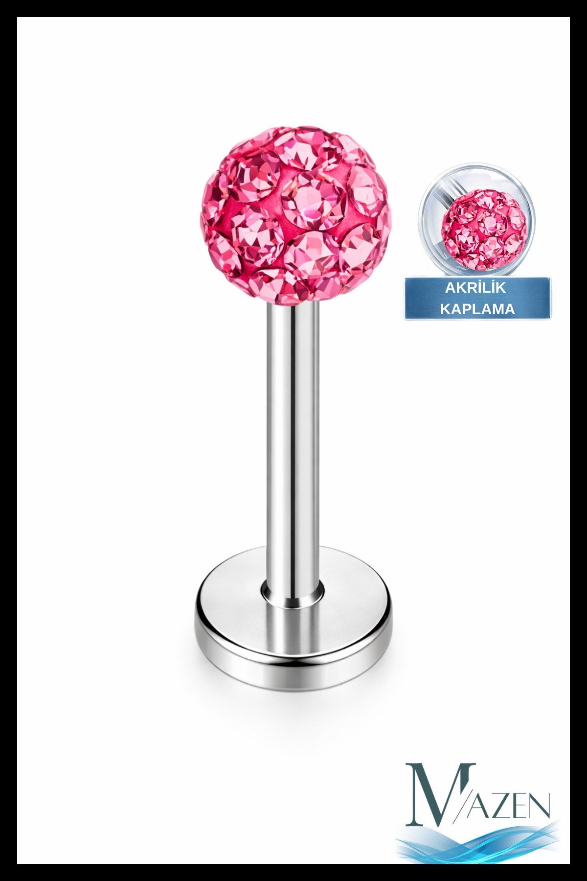 Zirkon Taşlı Piercing | 8 Mm Fuşya | Kararmaz Çelik | Kıkırdak Tragus Dudak | Tek Toplu