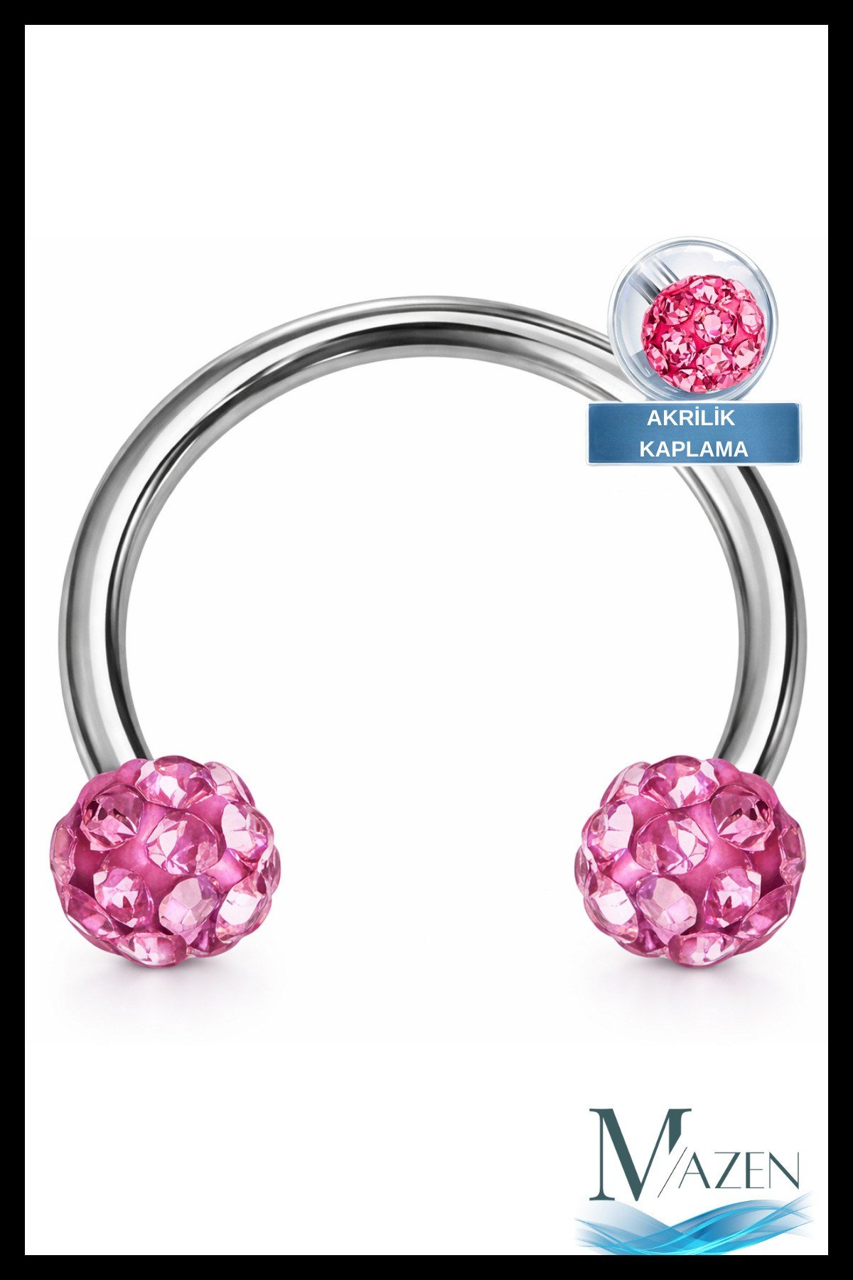 Zirkon Taşlı Piercing | 8 Mm Fuşya | Kararmaz Çelik | Kıkırdak Tragus Dudak | Çift Toplu
