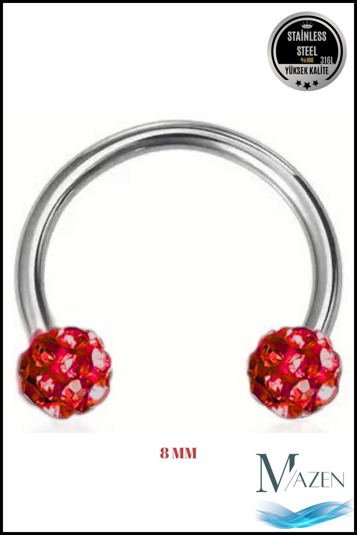 Zirkon Taşlı Piercing | 8 Mm Kırmızı | Kararmaz Çelik | Kıkırdak Tragus Dudak | Çift Toplu