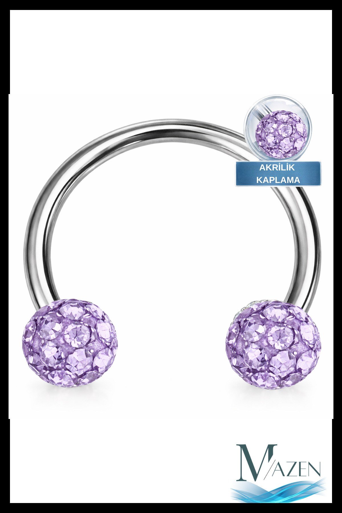 Zirkon Taşlı Piercing | 8 Mm Lila | Kararmaz Çelik | Kıkırdak Tragus Dudak | Çift Toplu