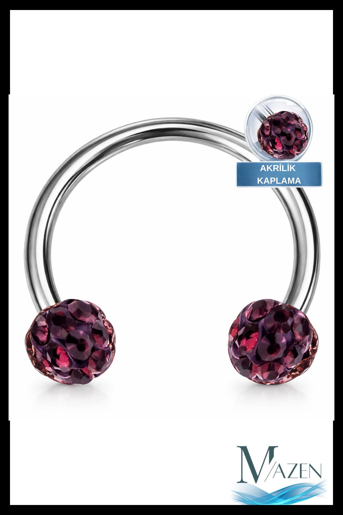Zirkon Taşlı Piercing | 8 Mm Mürdüm | Kararmaz Çelik | Kıkırdak Tragus Dudak | Çift Toplu