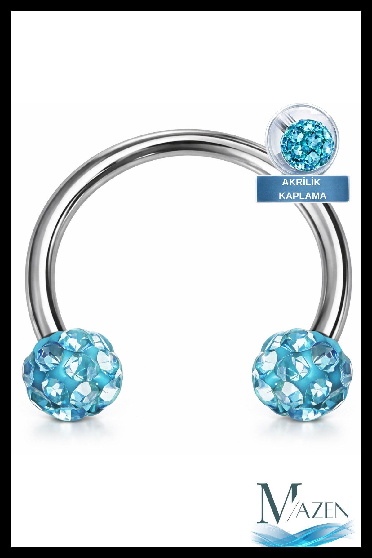 Zirkon Taşlı Piercing | 8 Mm Turkuaz | Kararmaz Çelik | Kıkırdak Tragus Dudak | Çift Toplu