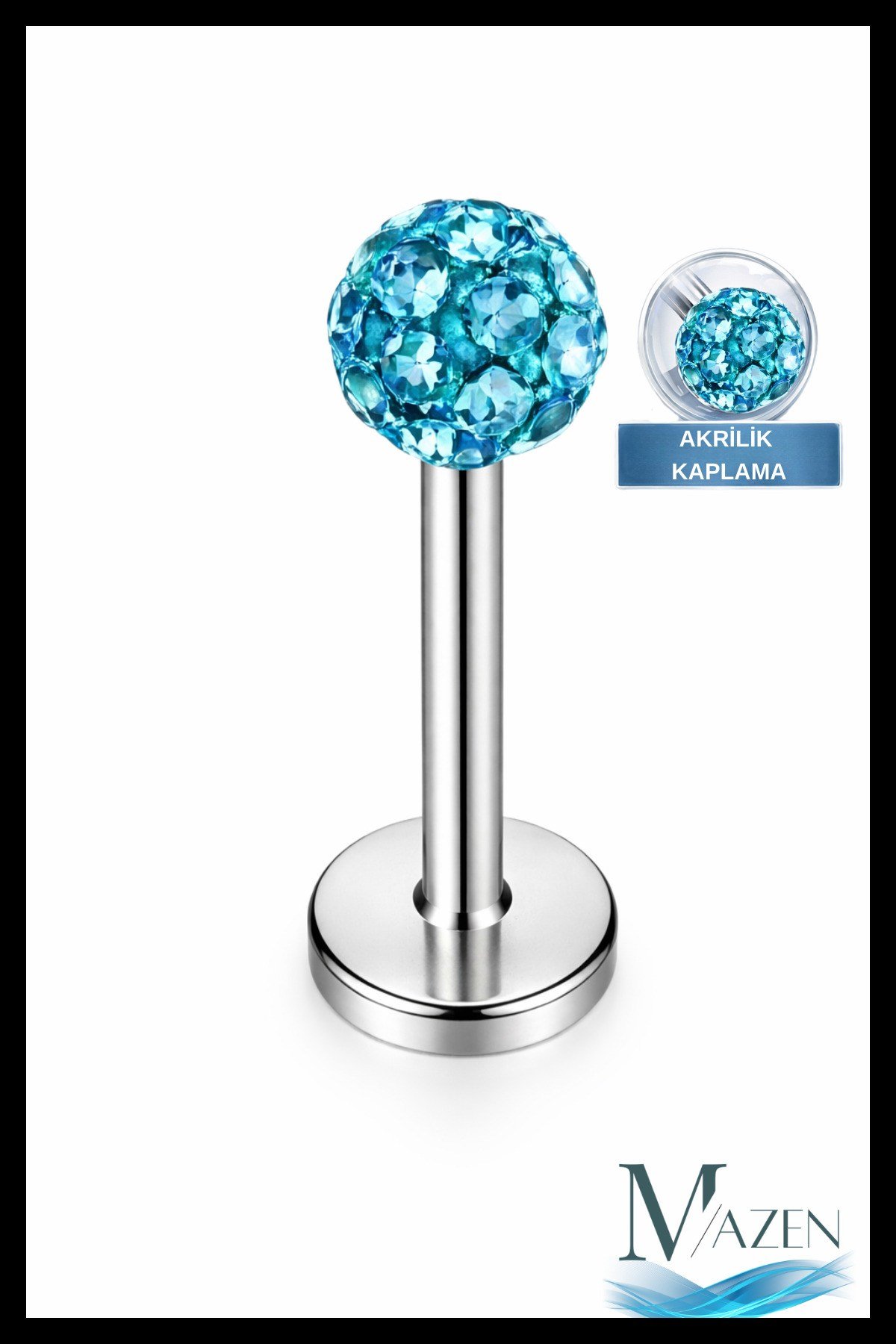 Zirkon Taşlı Piercing | 8 Mm Turkuaz | Kararmaz Çelik | Kıkırdak Tragus Dudak | Tek Toplu