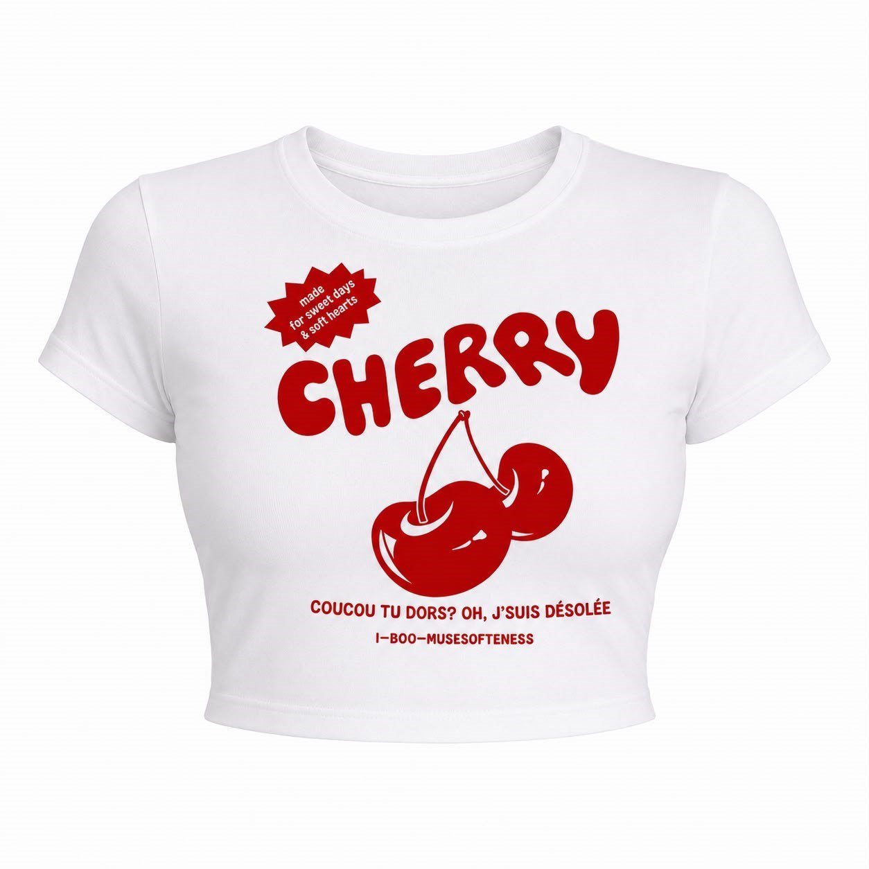 Cherry Kiraz Baskılı Crop Tişört - Beyaz