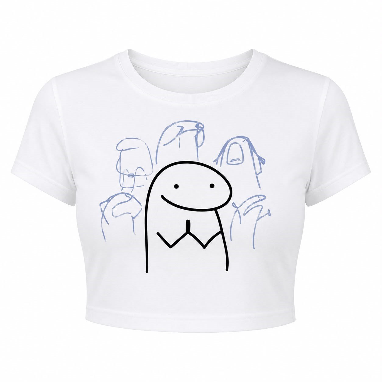 Doodle Gülen Figür Baskılı Crop Tişört - Beyaz
