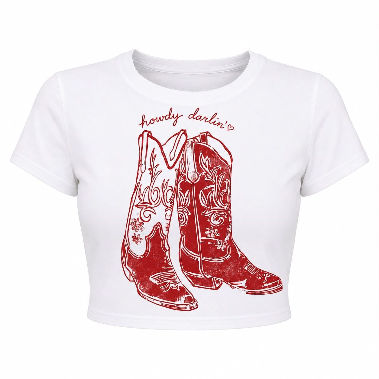 Howdy Darlin' Kovboy Çizme Baskılı Crop Tişört - Beyaz