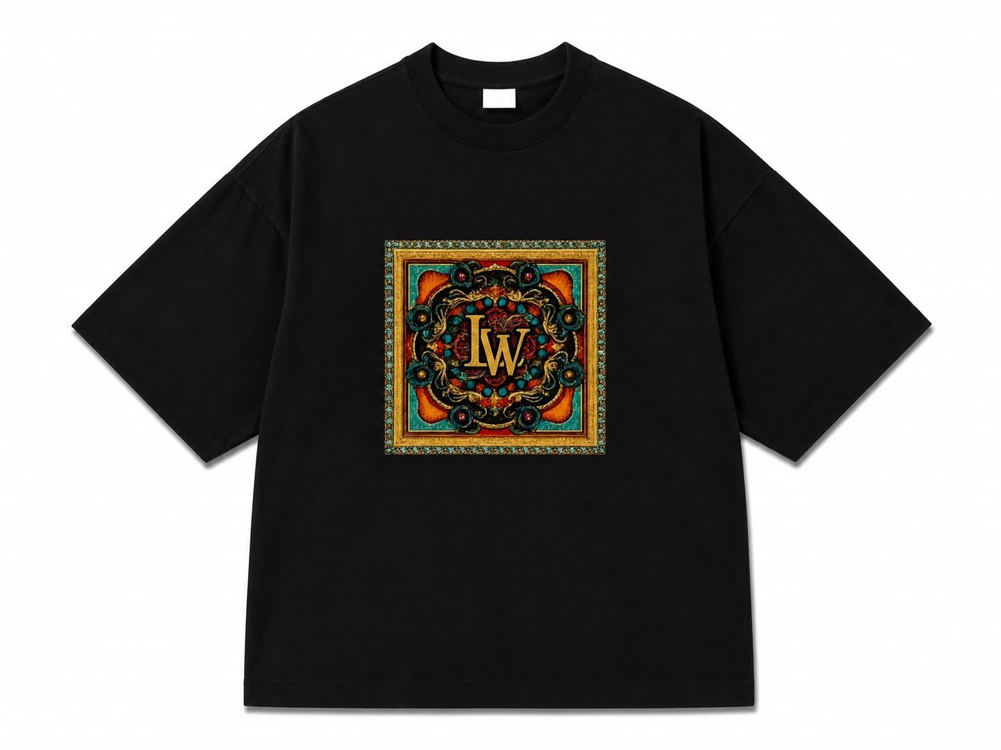 IW Barok Çerçeve Baskılı Oversize Tişört - Siyah