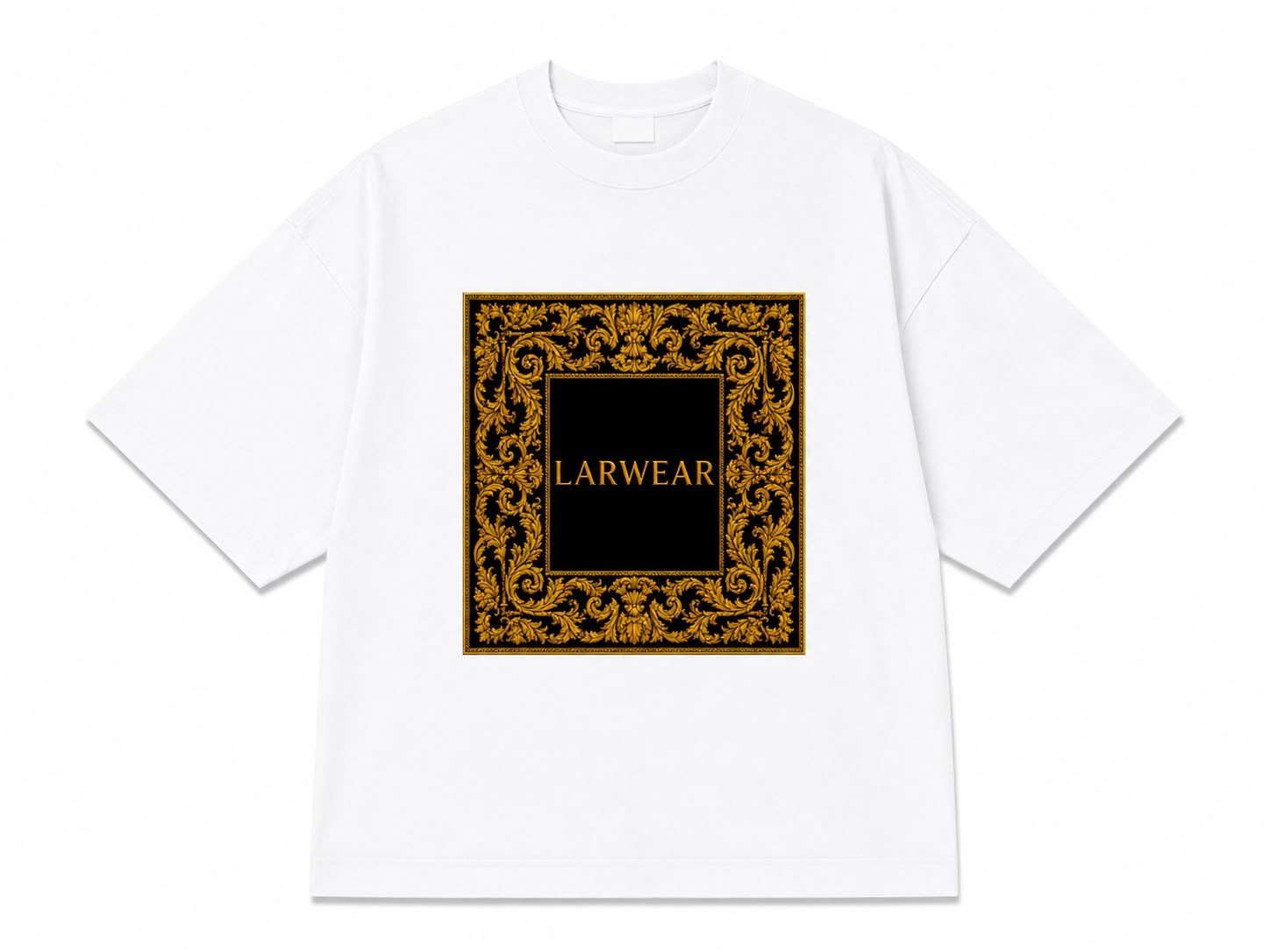Larwear Barok Çerçeve Baskılı Oversize Tişört - Beyaz