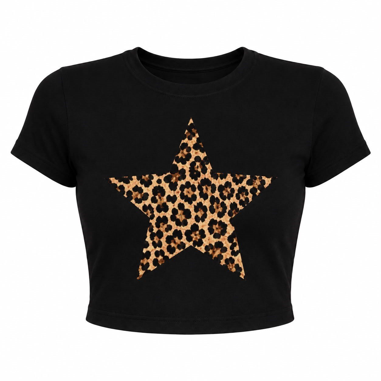 Leopar Yıldız Baskılı Crop Tişört - Siyah