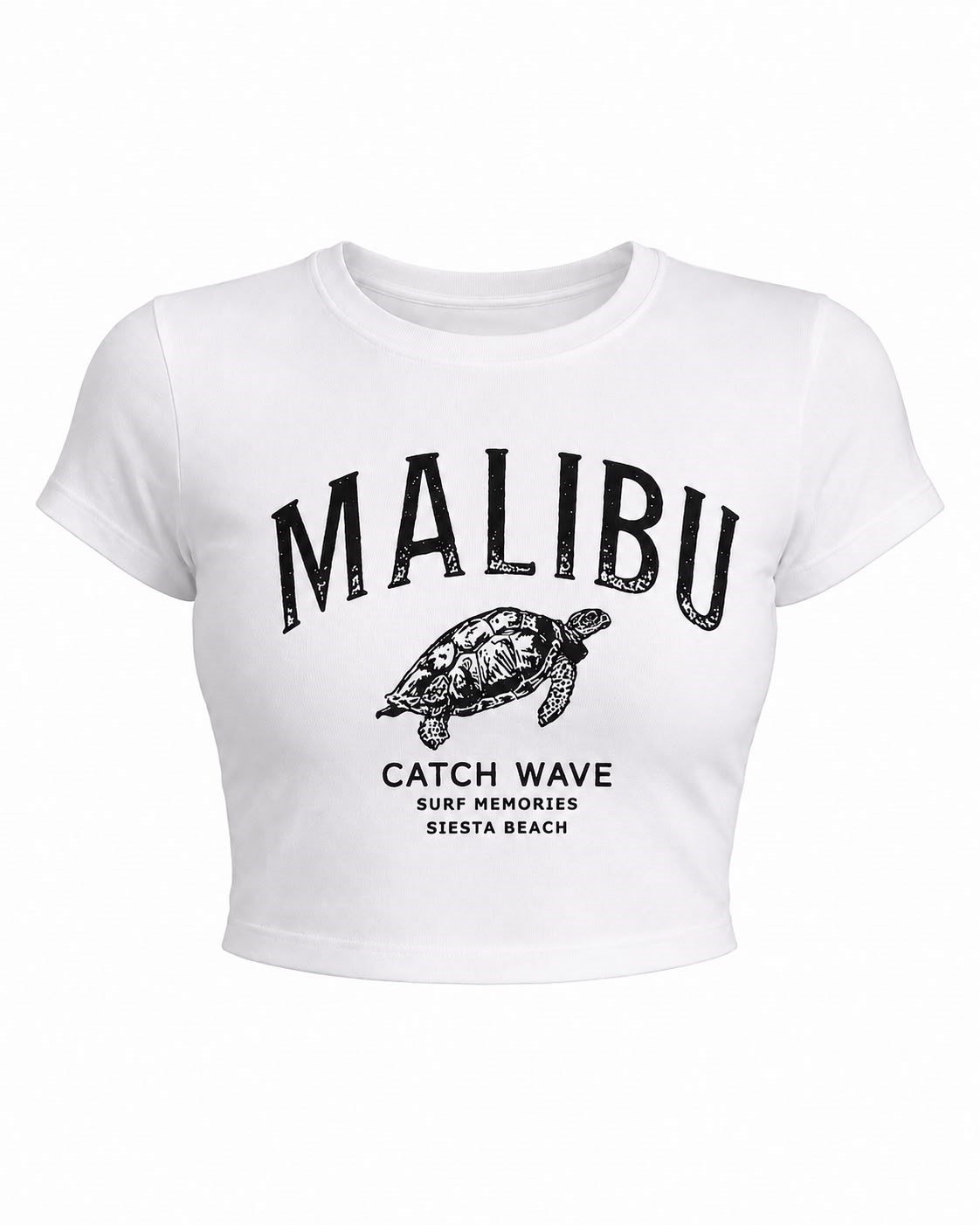 Malibu Kaplumbağa Baskılı Crop Tişört - Beyaz
