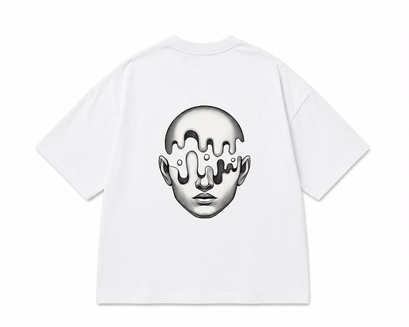 Metalik Melting Face Baskılı Drop Shoulder Oversize Tişört - Beyaz