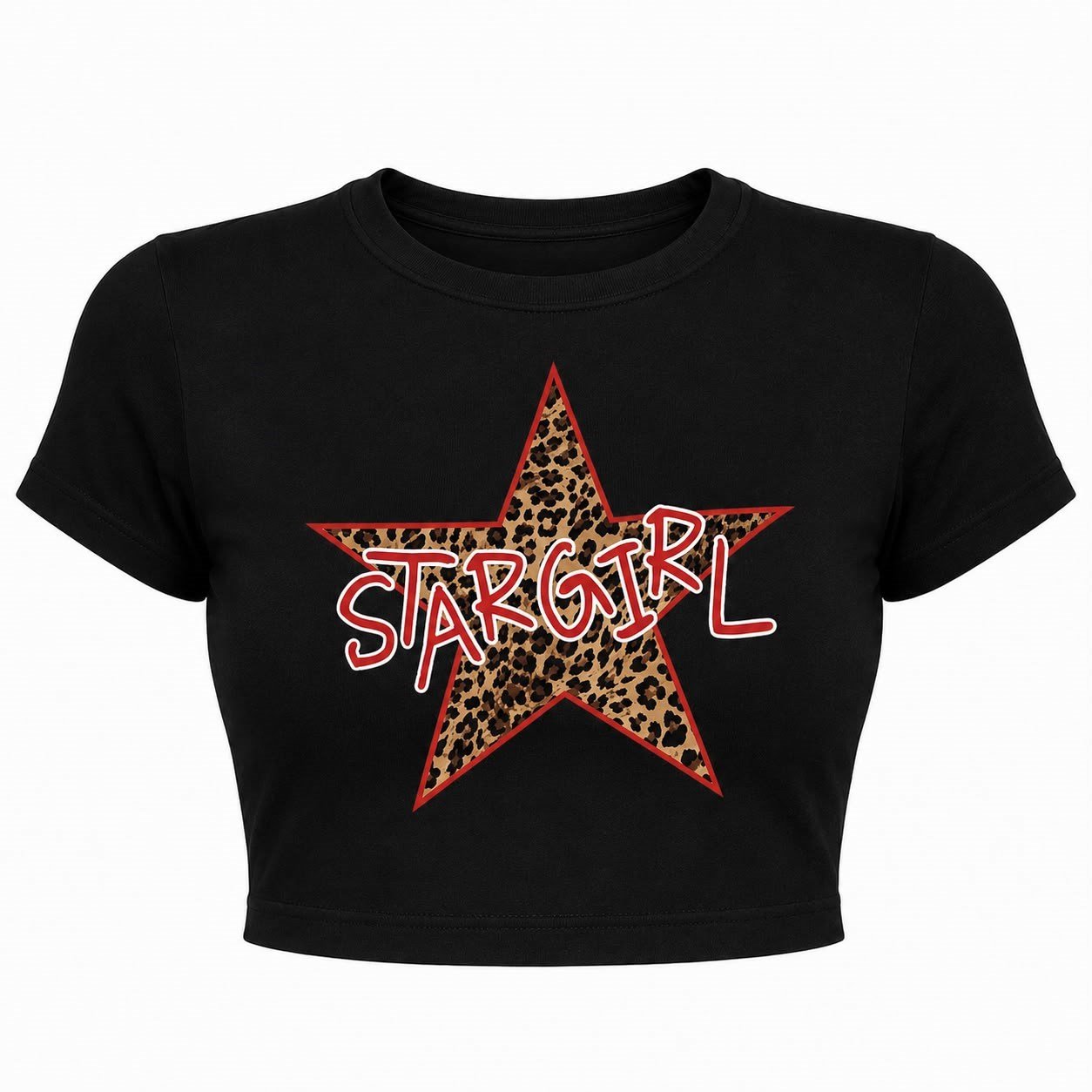 Stargirl Leopar Yıldız Baskılı Crop Tişört - Siyah