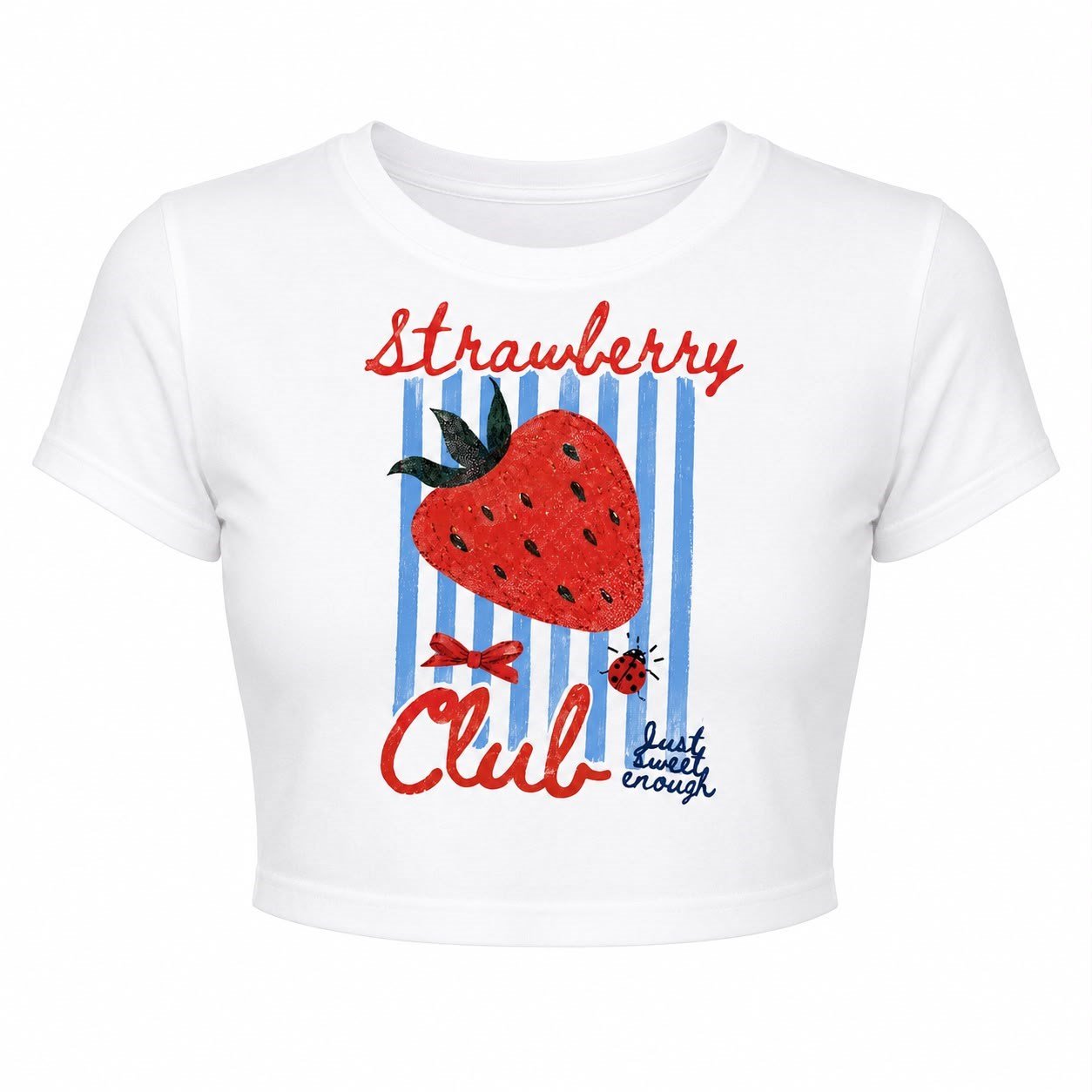 Strawberry Club Çilek Baskılı Crop Tişört - Beyaz