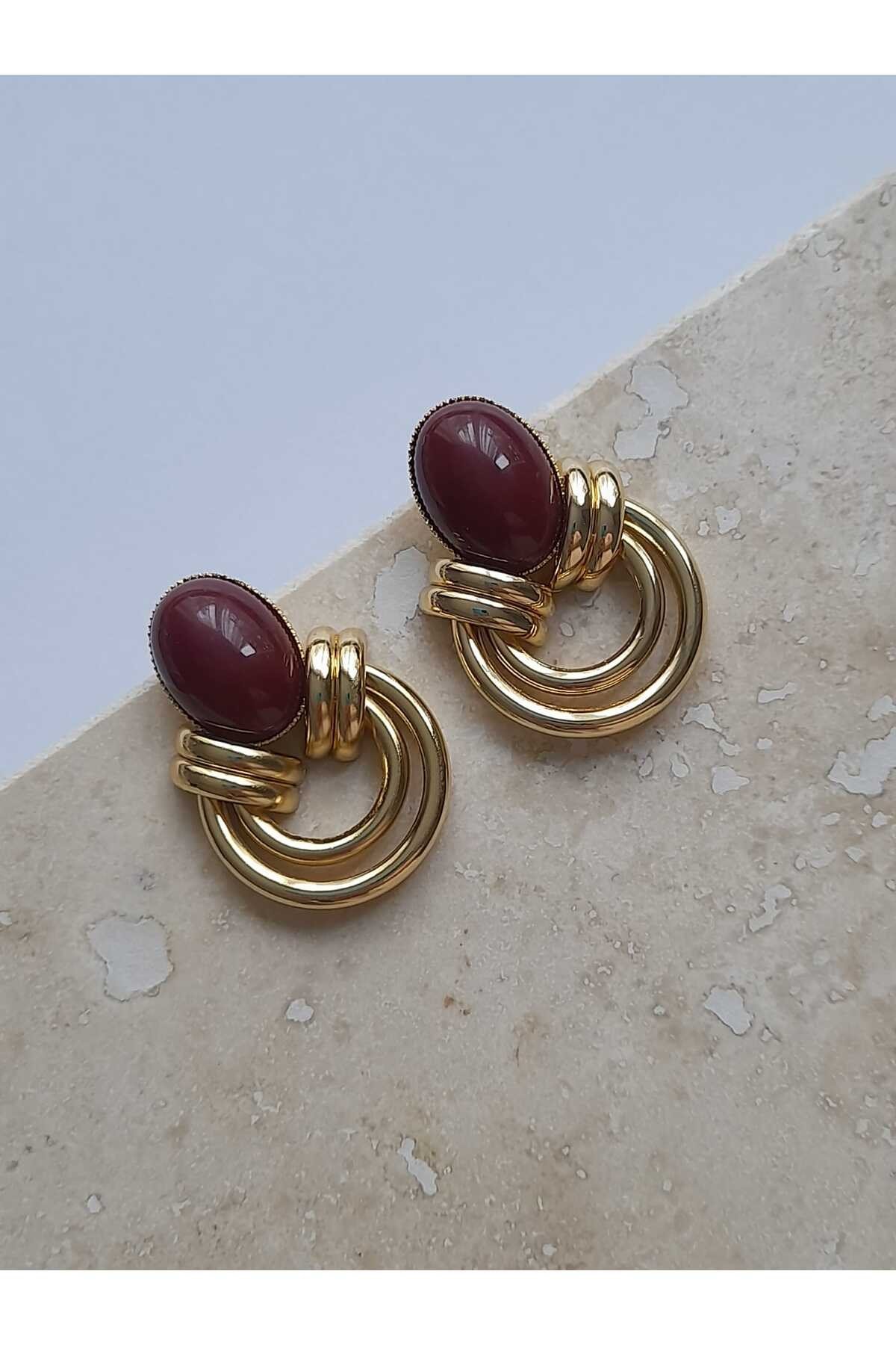 Bordo Taş Vintage Görünümlü Lunna Küpe