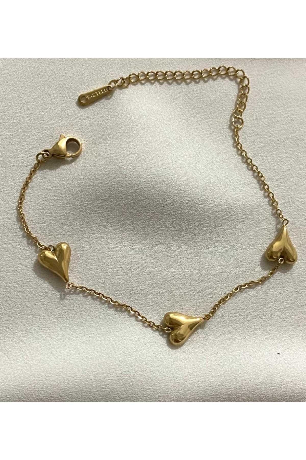 Çelik 3 lü gold kalp bileklik