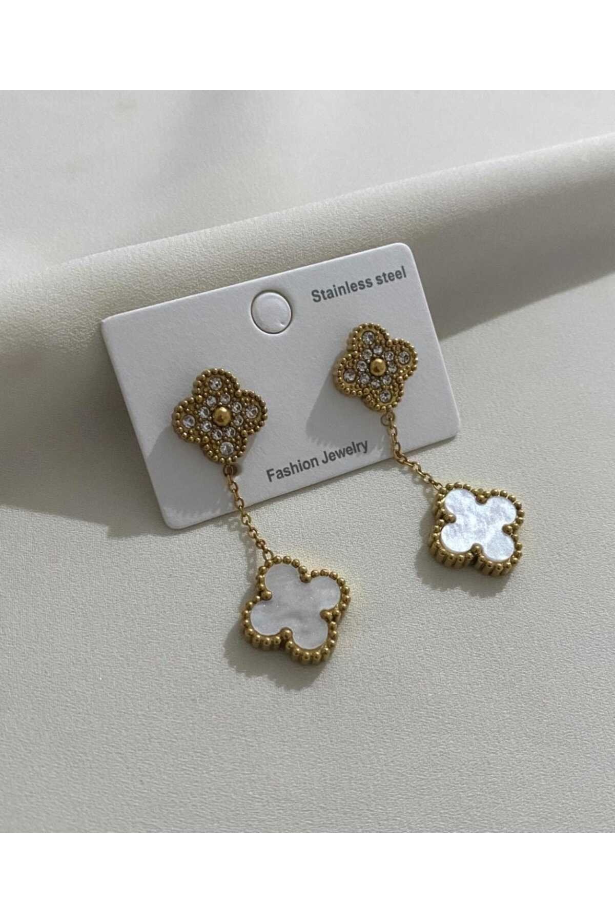 Çelik cleef beyaz mineli küpe