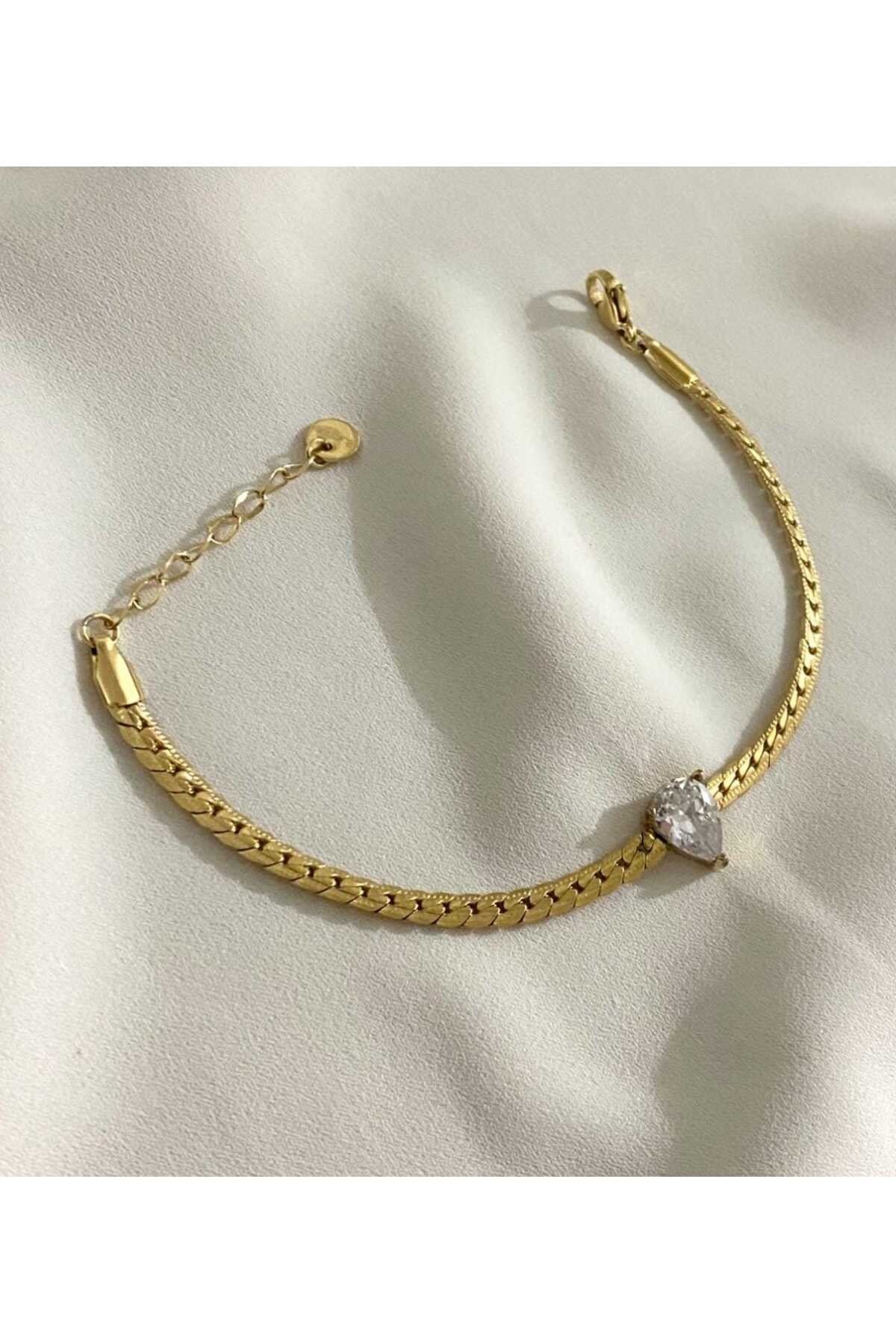 Çelik damla taş gold bileklik