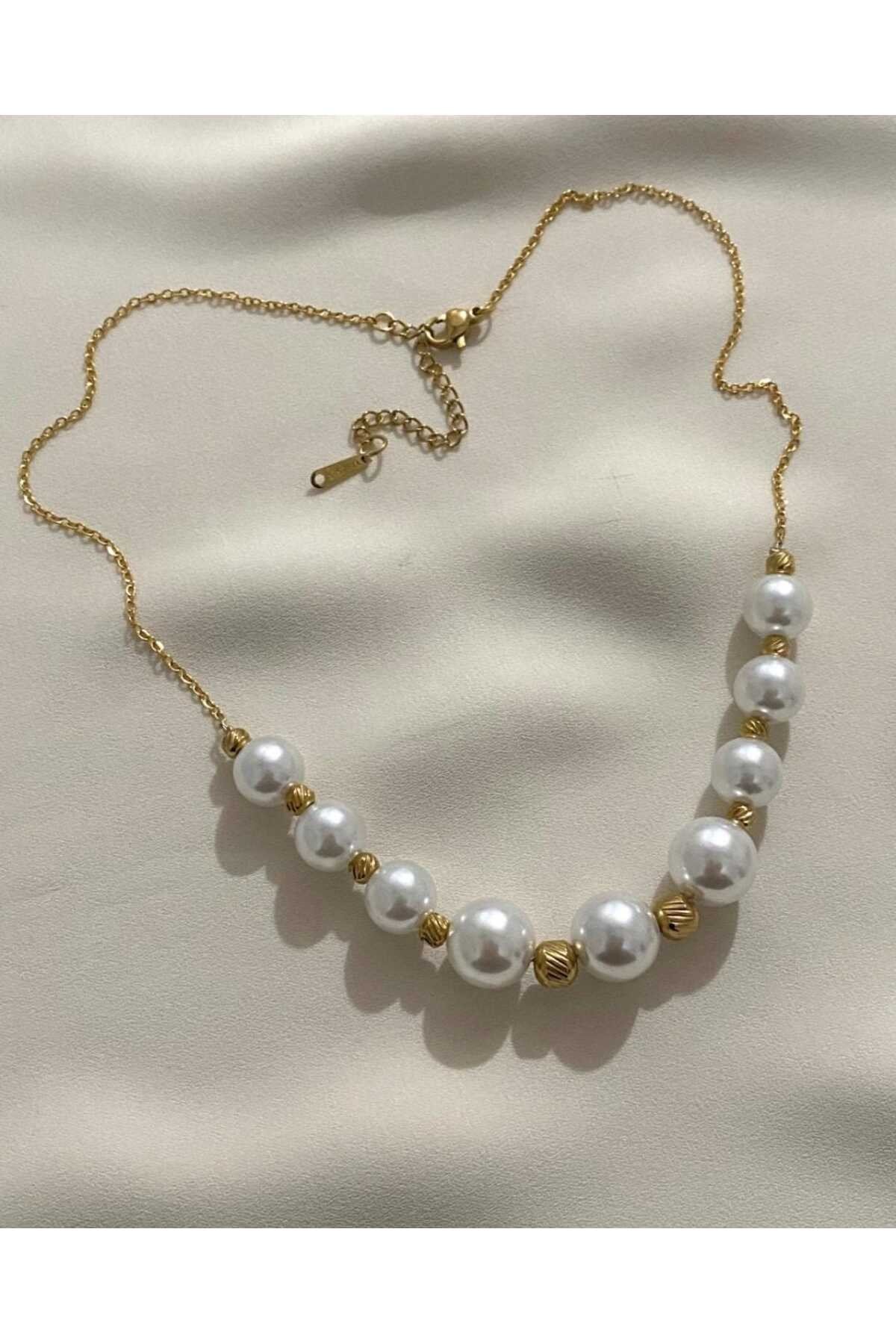 Çelik inci gold detay kolye