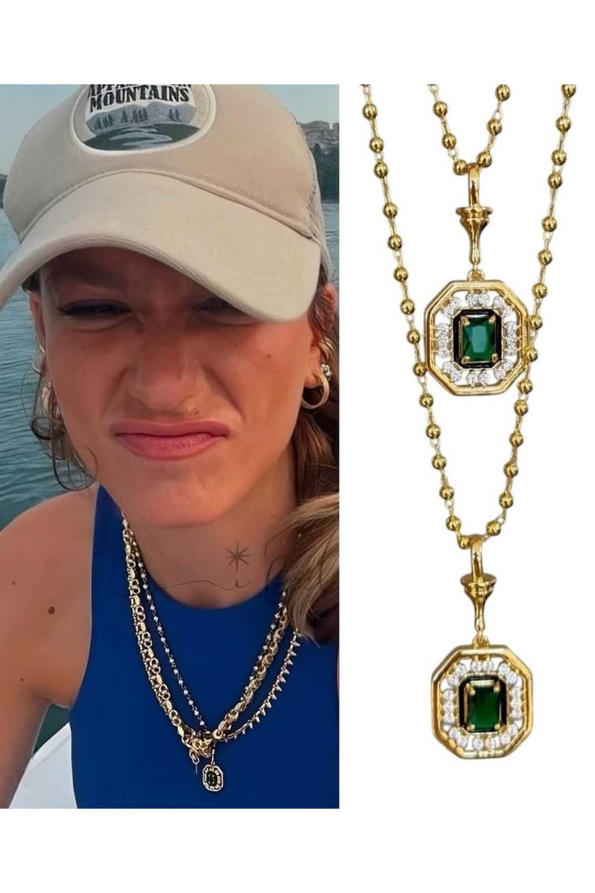 Çelik Leyla yeşil baget taşlı kolye