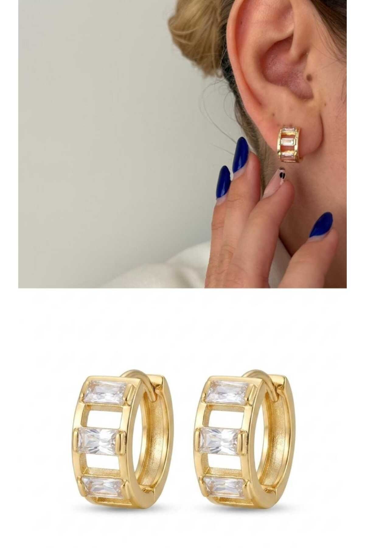 Gold Basic Halka Baget Taş Küpe