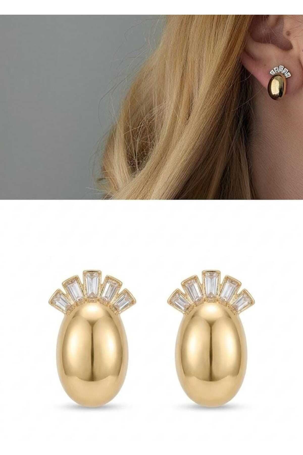 Gold Minimal Baget Taş Küpe