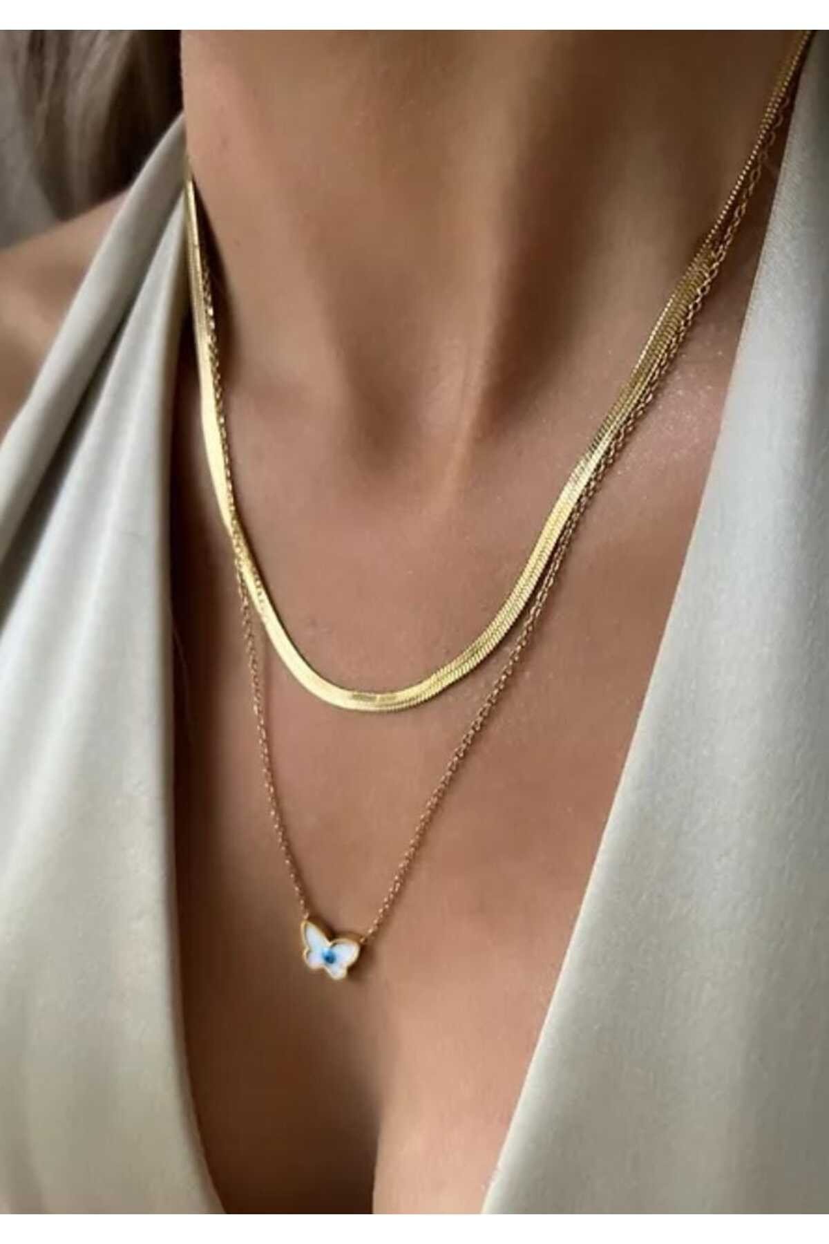 Mineli kelebek gold kolye