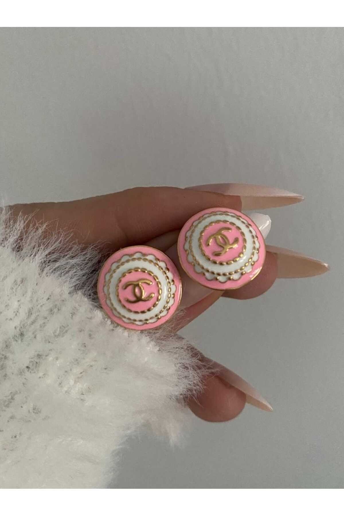 Pembe yuvarlak gold detay küpe