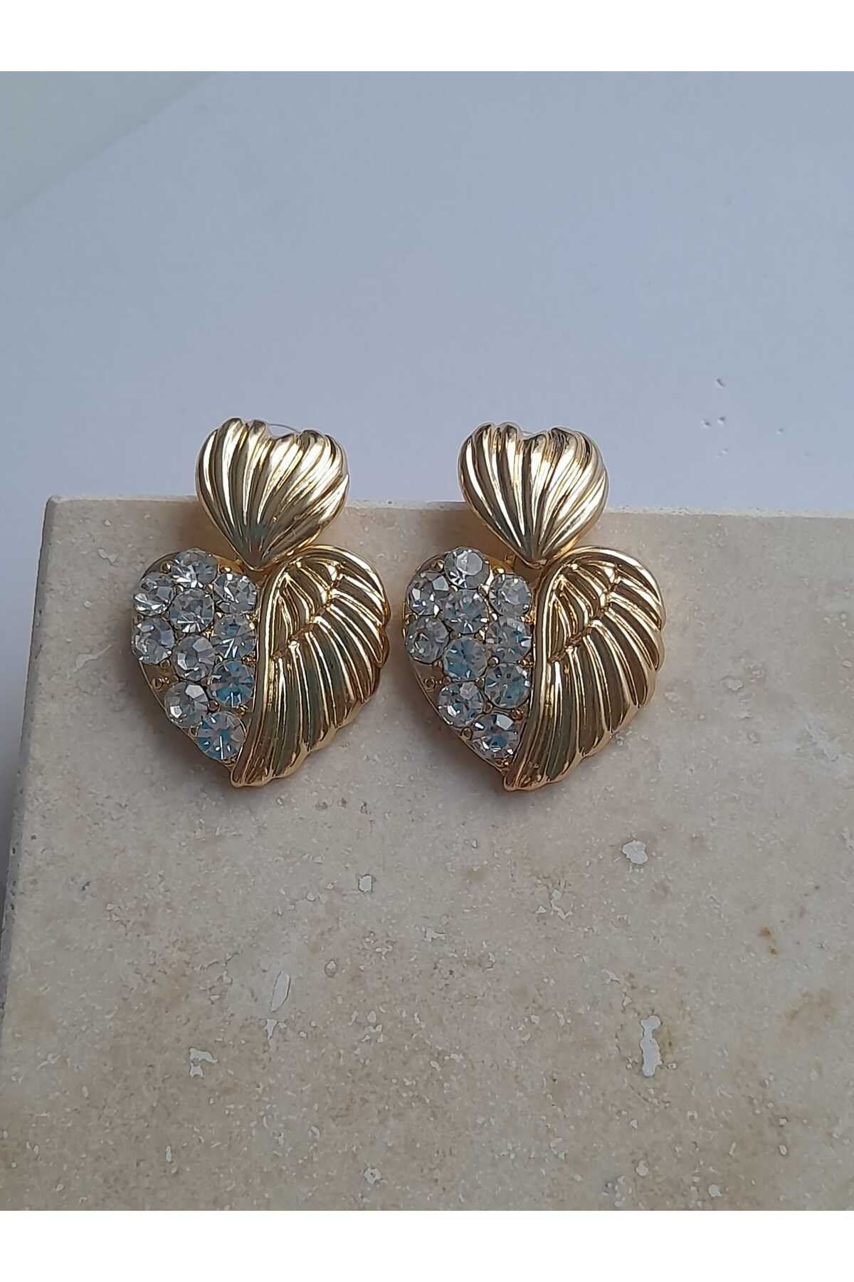 Taşlı Gold Kalp Küpe