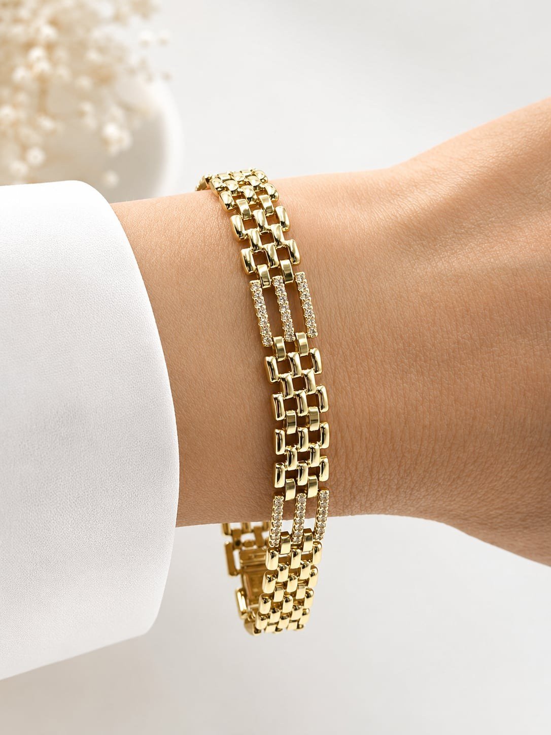 14K Altın Kaplama Özel Seri Taş Detaylı Zincir Gold Bileklik