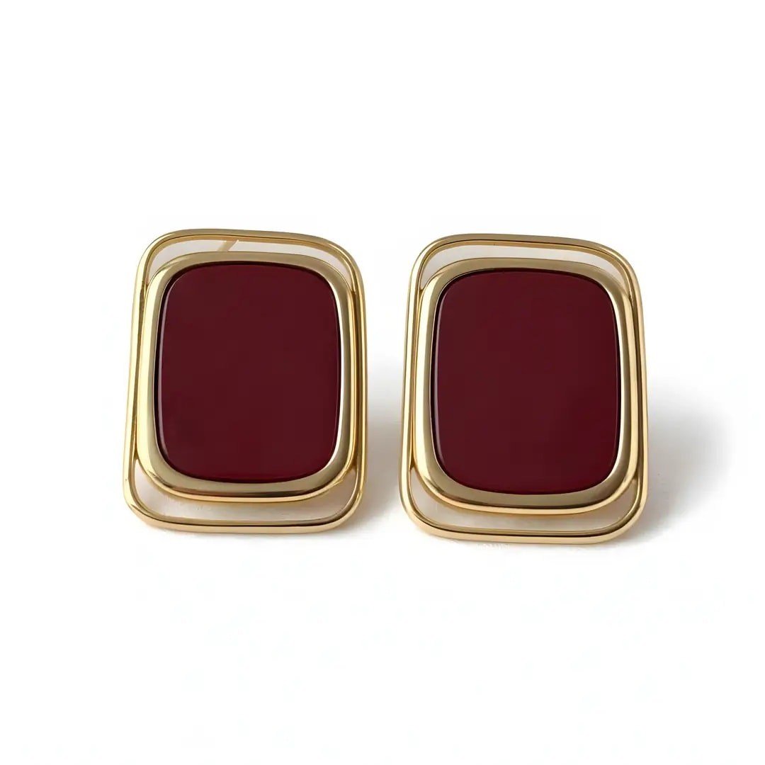 Bordo Kare Taşlı Gold Küpe