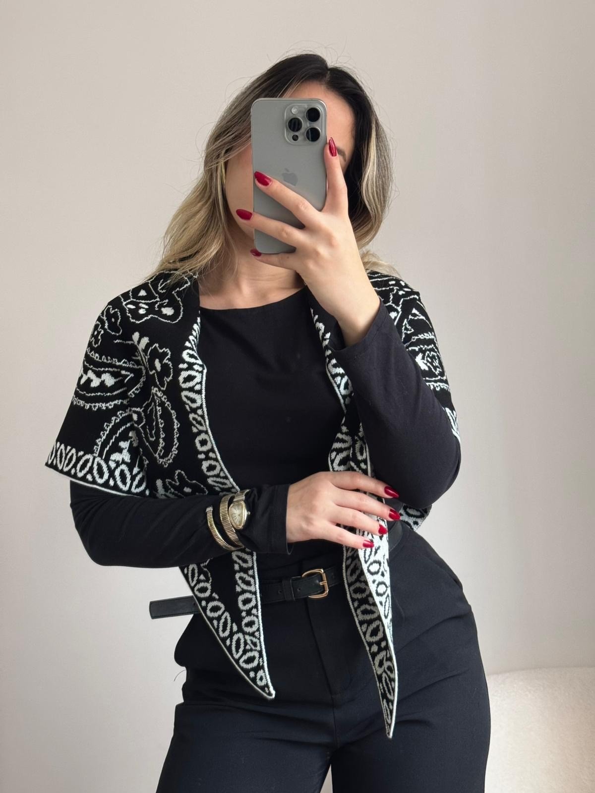 Etnik Desenli Triko Şal Siyah Beyaz
