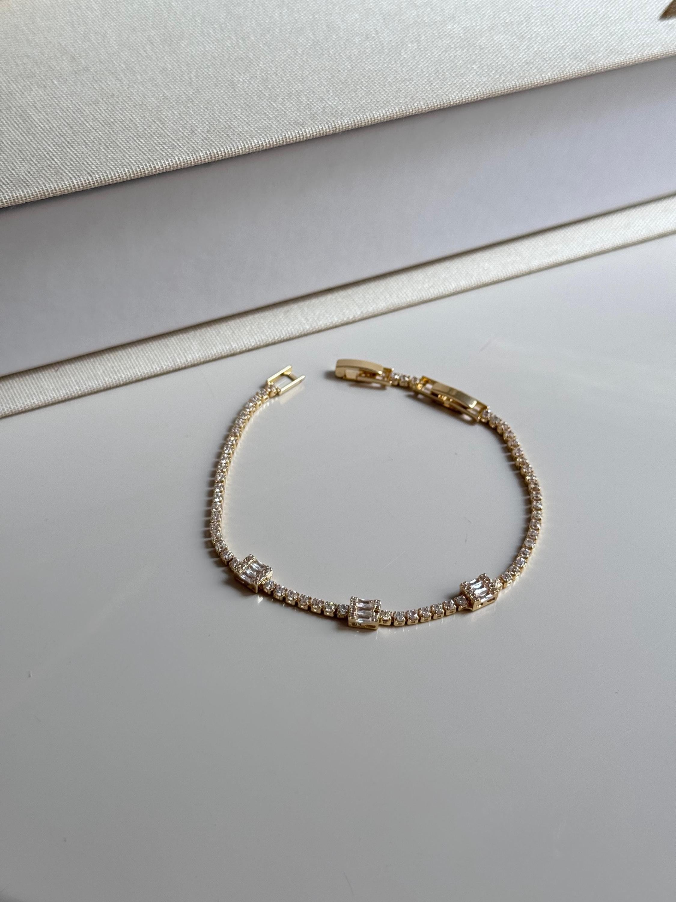 Gold Tennis Bracelet With Baguette Cut Zirconia- Dainty Crystal Chain Bracelet- Elegant Gift For Her