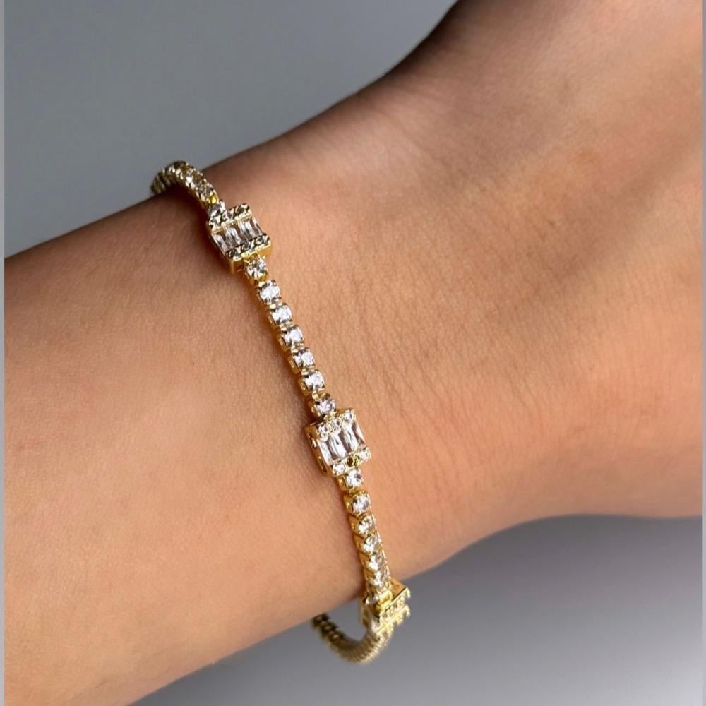 Gold Tennis Bracelet With Baguette Cut Zirconia- Dainty Crystal Chain Bracelet- Elegant Gift For Her