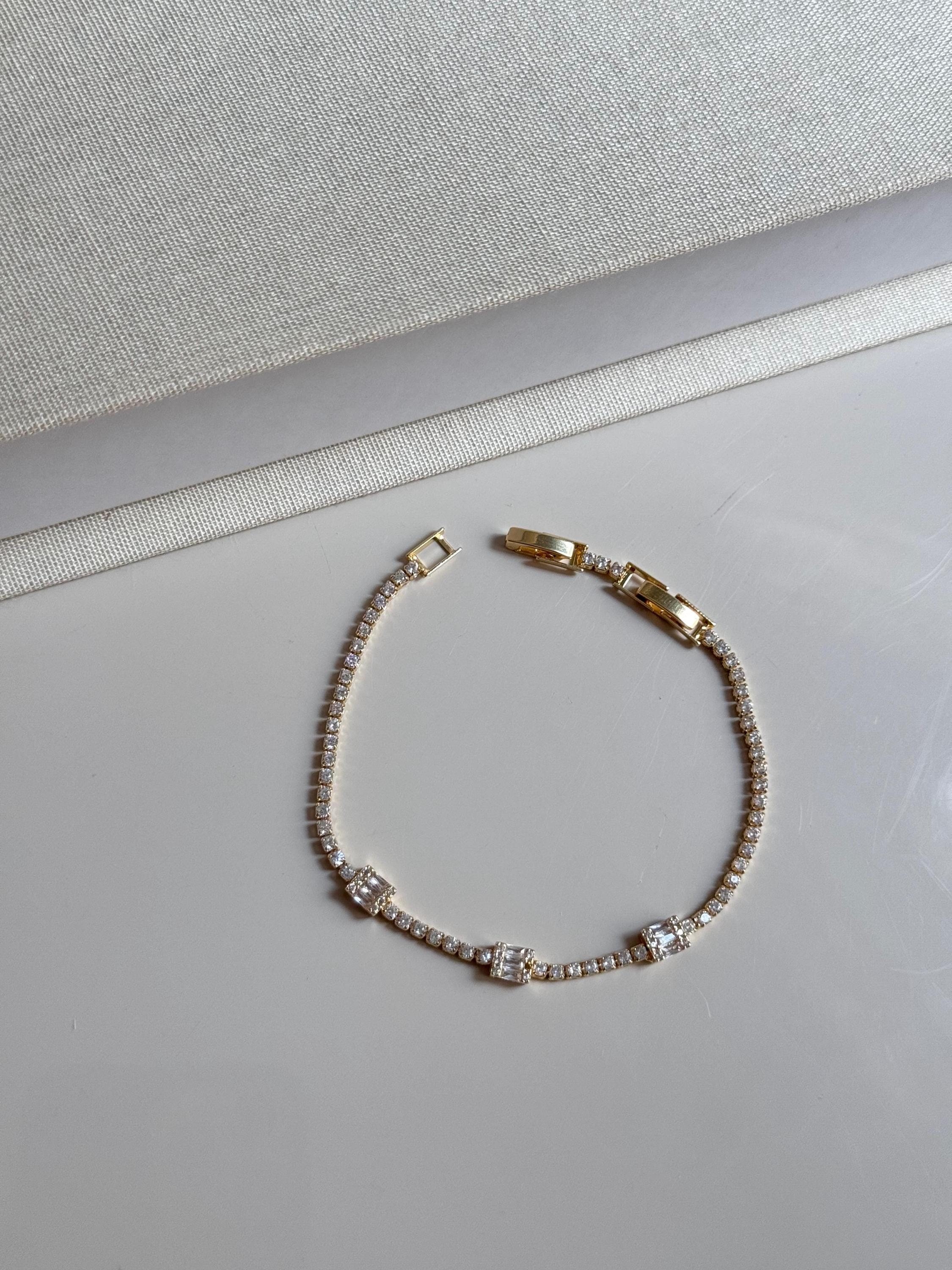 Gold Tennis Bracelet With Baguette Cut Zirconia- Dainty Crystal Chain Bracelet- Elegant Gift For Her