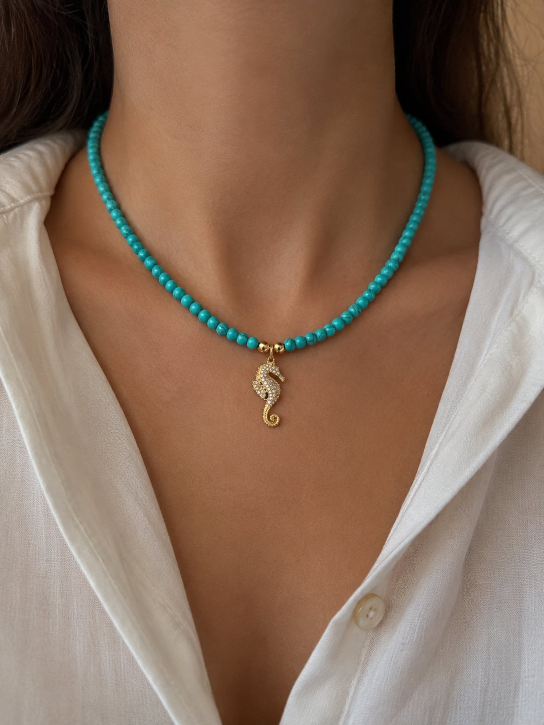 Turkuaz Boncuklu Zirkon Taşlı Denizatı Charm Kolye