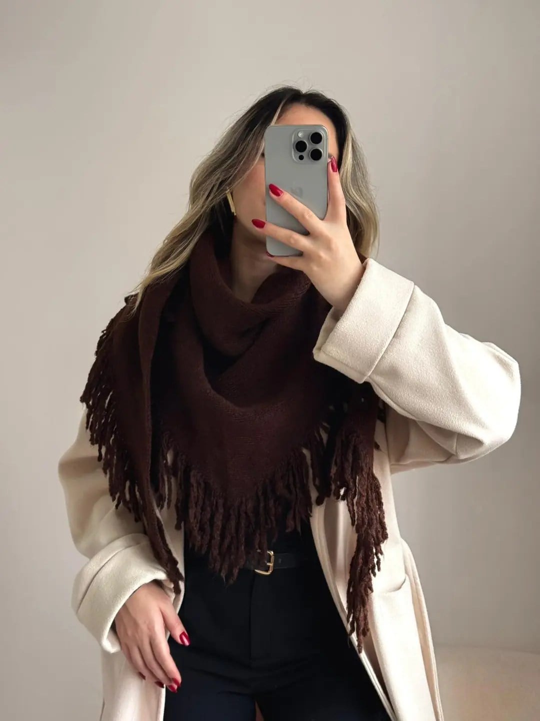 Üçgen Püsküllü Triko Şal Bordo