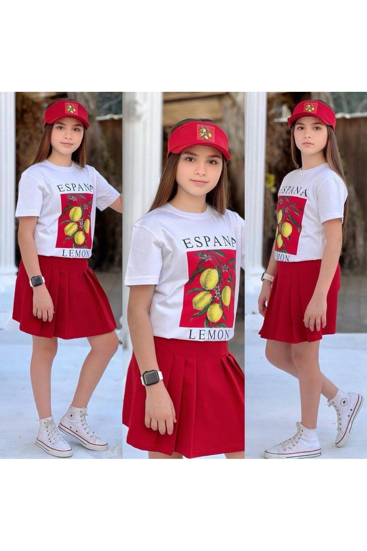 Limon Baskılı Şort Etek Detaylı 3'lü Kız Çocuk Takım Yaşlar:(3-4)-(4-5)(5-6)(7-8)(9-10/ (11-12)