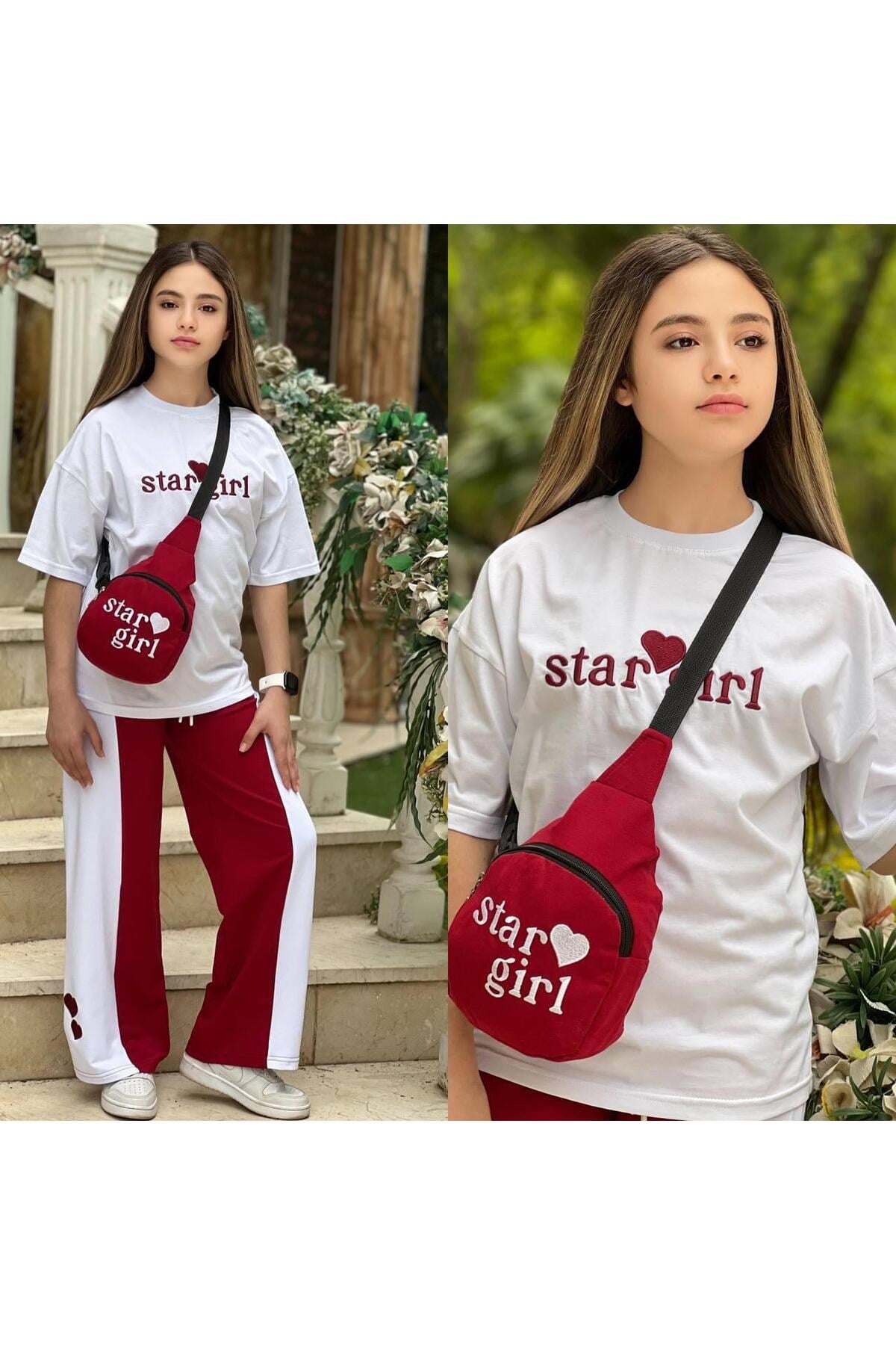 STAR GİRL NAKIŞ DETAYLI ÇANTALI ALT ÜST KIZ TAKIMI