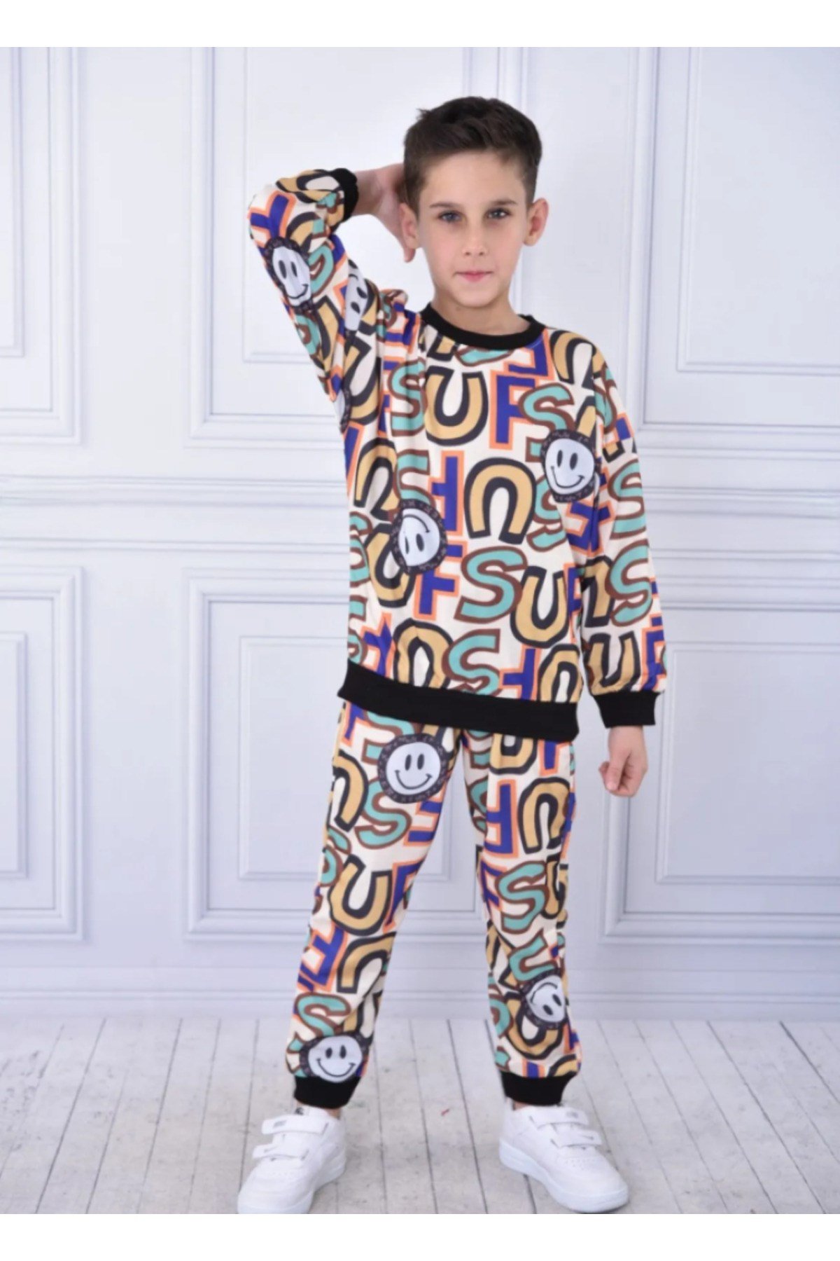 Dijital Baskılı Uzun Kollu Sweatshirt Ve Eşofman Alt Üst Ikili Takım