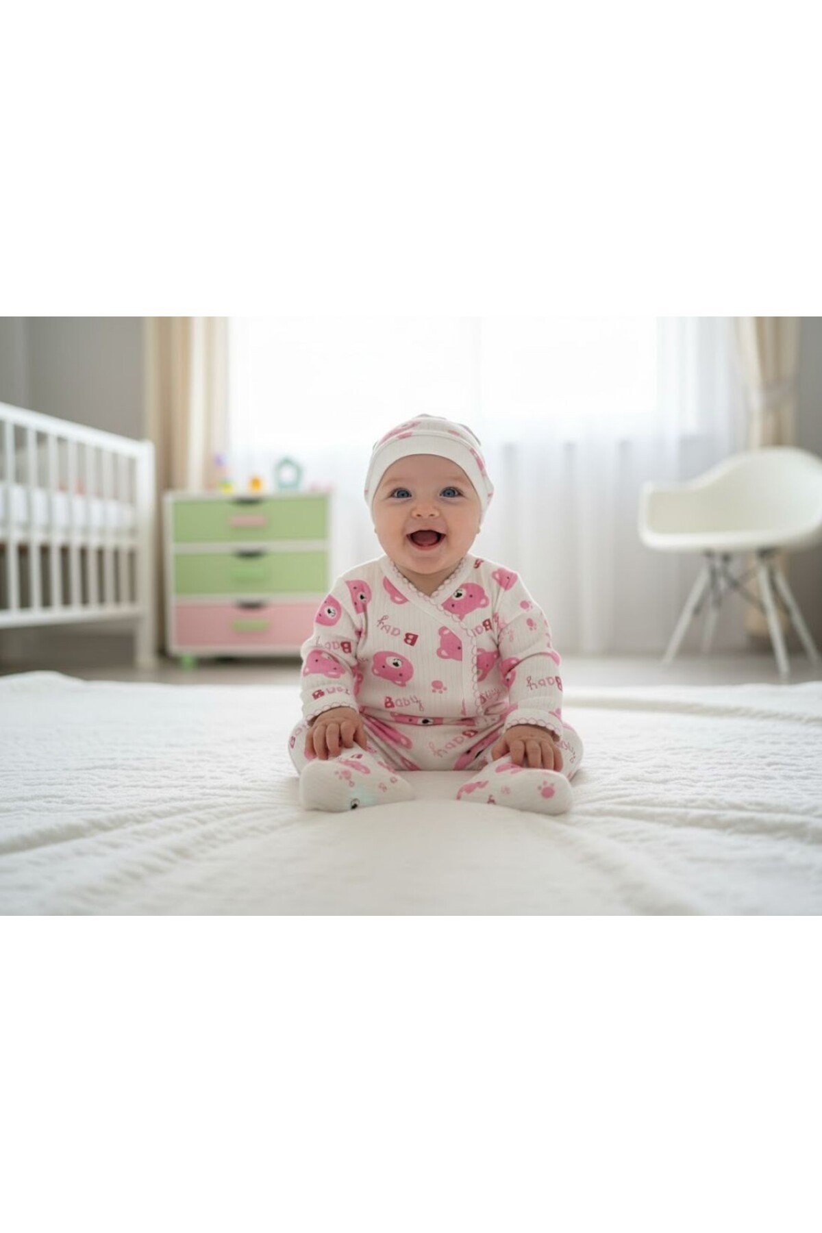 Hediyelik Bebek Yenidoğan Hastene Çıkışı Bereli Uzun kol Çocuk Baskılı Pamuk Alt Üst Takım