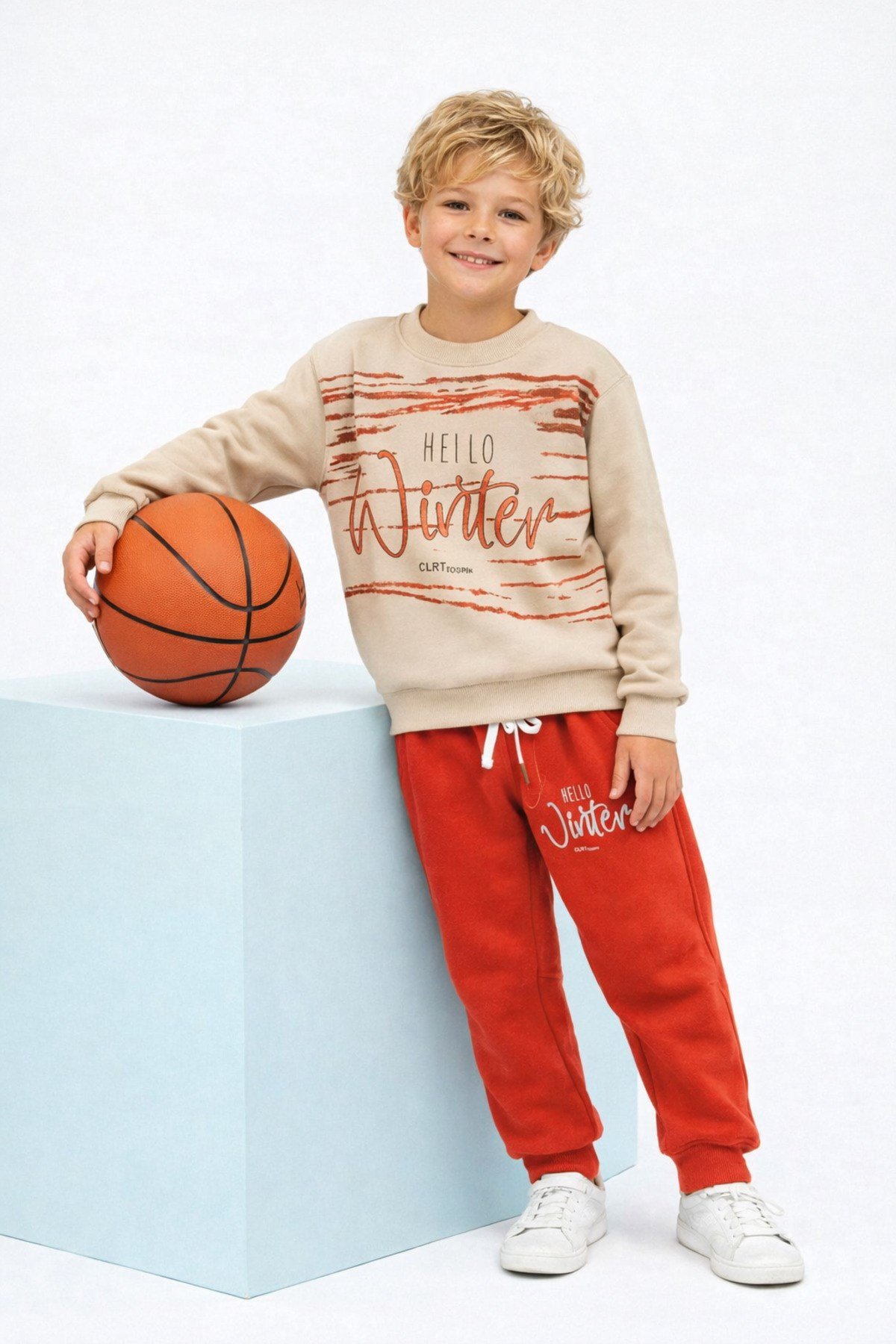 Hello Winter  Baskılı Uzun Kollu Lastikli Bel Cepli  Unisex Çocuk Alt Üst Takım