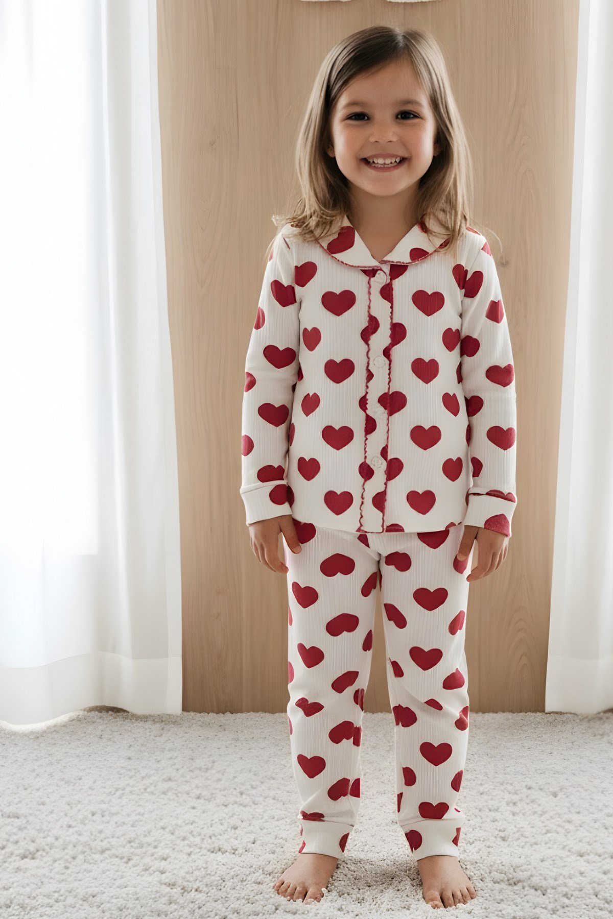 Kız Bebek Takım Kalp Desenli Uzun Kollu Pamuklu Pijama Takım 0-6 Aylık