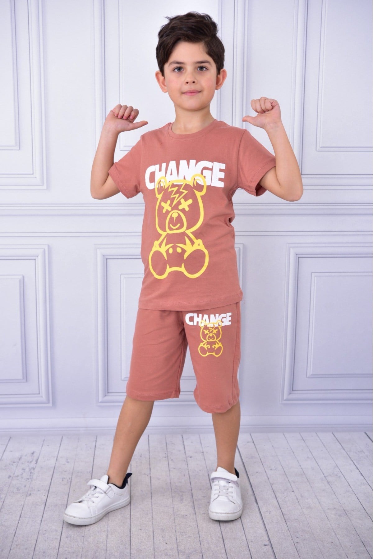 Unisex Change baskılı çocuk kısa kol yazlık beli lastikli cepli şort alt üst takım