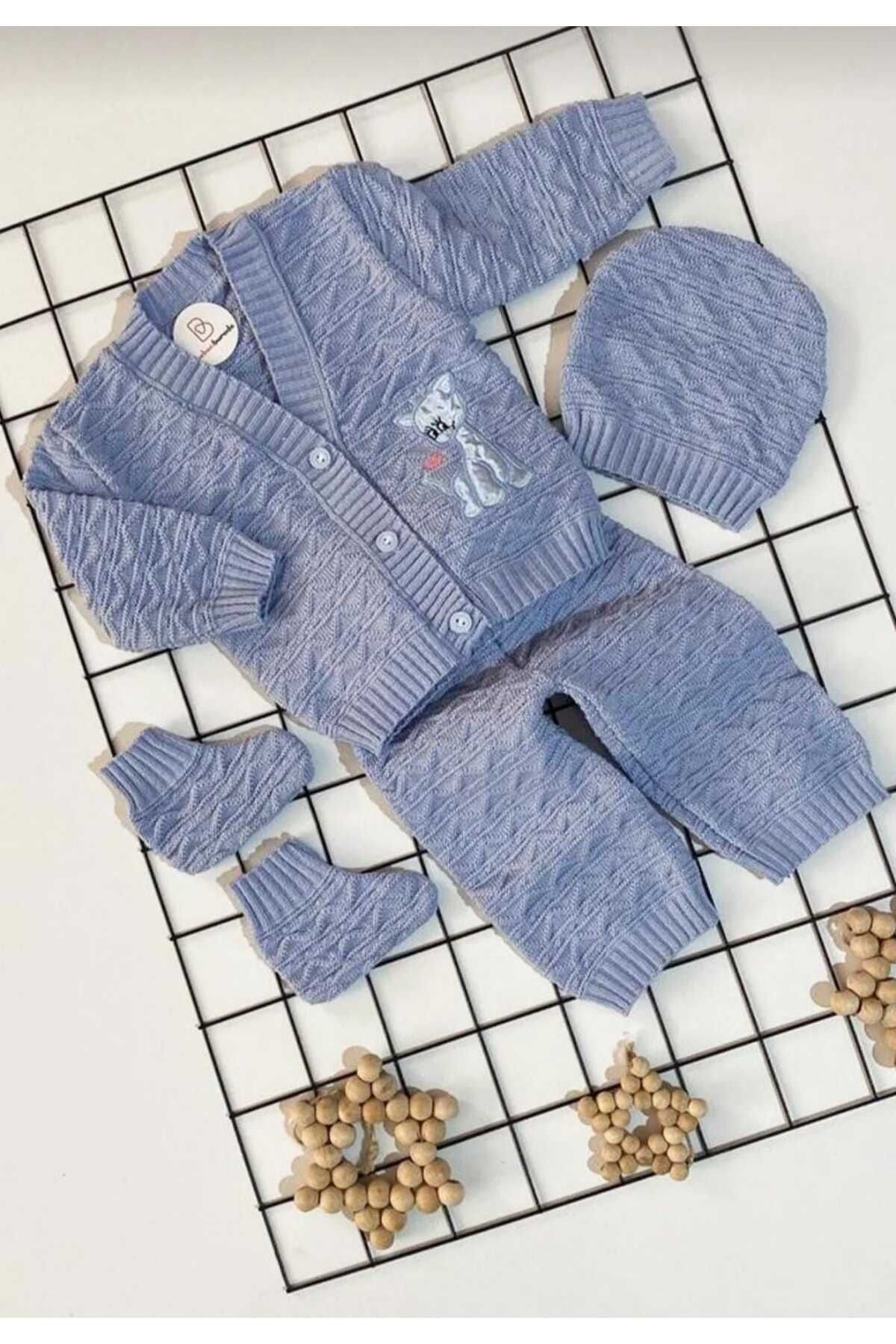 Unisex Hediyelik Yenidoğan Kedicik Baskılı Triko Şapkalı Patikli 4'lü Alt Üst Takım
