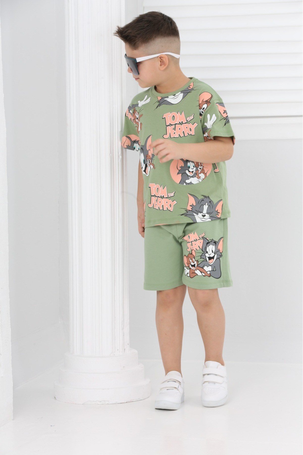 unisex tom&jery baskılı kısa kollu şortlu ikili takım